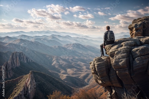 Man standing on the edge of a cliff and looking at the valley © engkiang