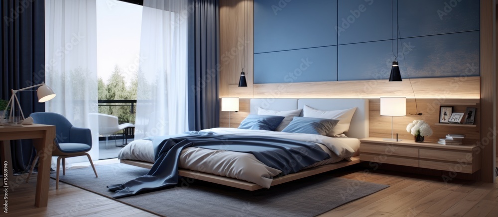 Obraz premium Stylish bedroom interior with trendy blue and light wood textures