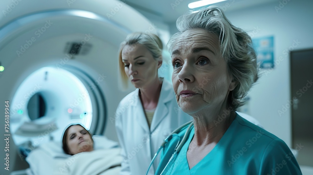 Senior female doctor is examining a patient with a CT scan. Generate AI image Senior female doctor is examining a patient with a CT scan. Generate AI image