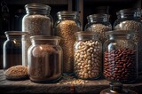 Set of different types of beans in glass jars on wooden background.