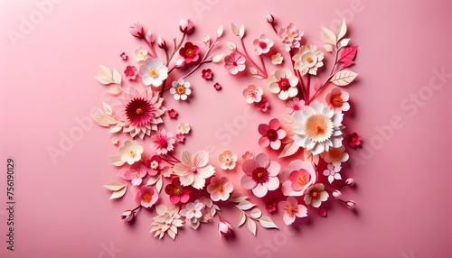 Paper cut origami for Sakura flower and pink background