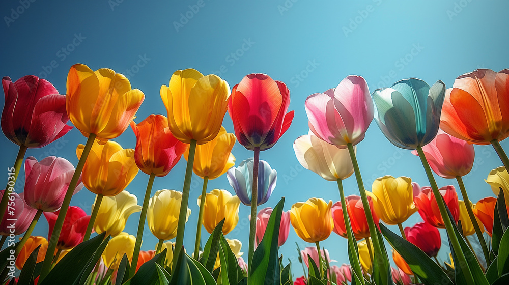 A field of vividly colored tulips stretches towards a bright, sunny sky, symbolizing the arrival of spring. A field of vividly colored tulips stretches towards a bright, sunny sky, symbolizing the arrival of spring.