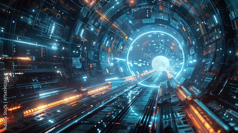 A circular room with a technology concept with a neon light effect. Generate AI image A circular room with a technology concept with a neon light effect. Generate AI image