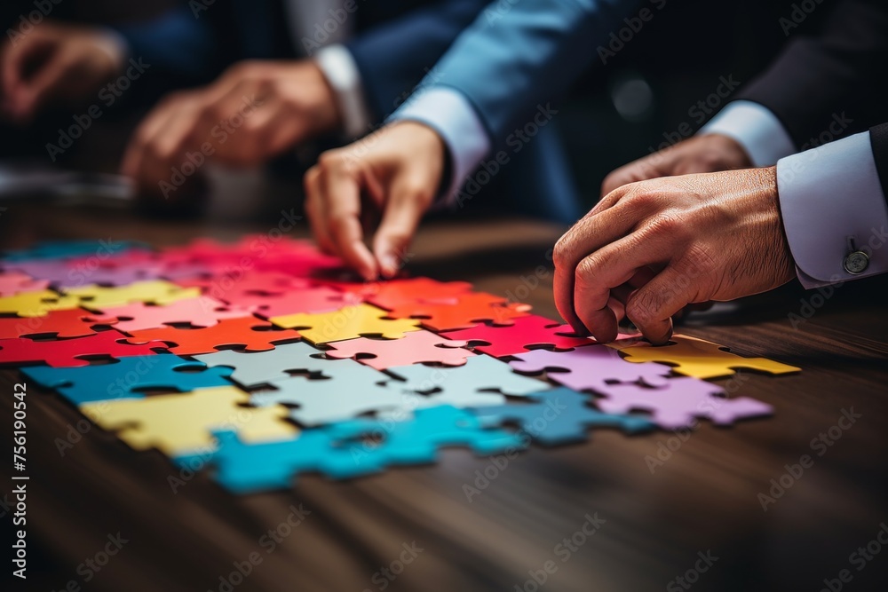 A team of businessmen assembles a multi-colored business puzzle, the details of which depict industrial enterprises A team of businessmen assembles a multi-colored business puzzle, the details of which depict industrial enterprises