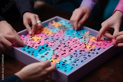 A team of businessmen assembles a multi-colored business puzzle  the details of which depict industrial enterprises