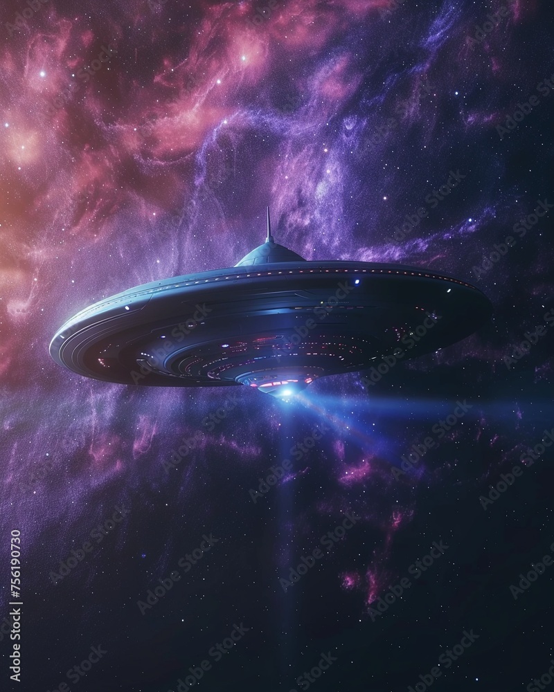 3D-rendered UFO exploring the unknowns of a dark galaxy - obrazy, fototapety, plakaty 