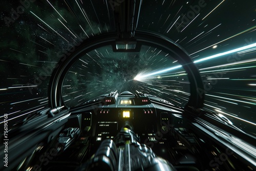 Immersive 3D journey of a spaceship in the dark