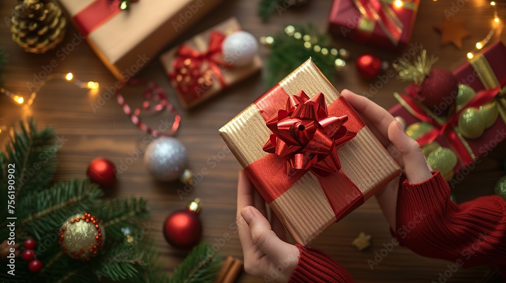 Woman hand opening christmas gift on the table Woman hand opening christmas gift on the table