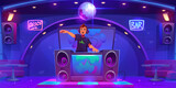 Nightclub neon glowing interior with man dj behind stand with mixer on scene, loudspeakers and disco bar ball on ceiling, dance floor, tables and seats for visitors. Cartoon night club party.