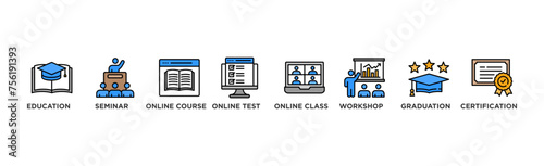 Online training banner web icon vector illustration concept with icon of education, seminar, online course, online test, online class, workshop, graduation, certification