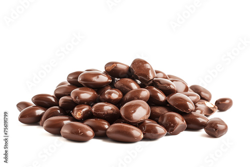 A pile of chocolate covered almond nuts isolate on white background, closeup