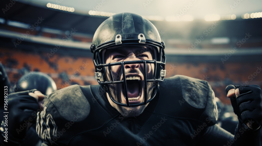 American football player celebrating victory and touchdown. Emotional celebration of winning the game. Super Bowl American football player celebrating victory and touchdown. Emotional celebration of winning the game. Super Bowl