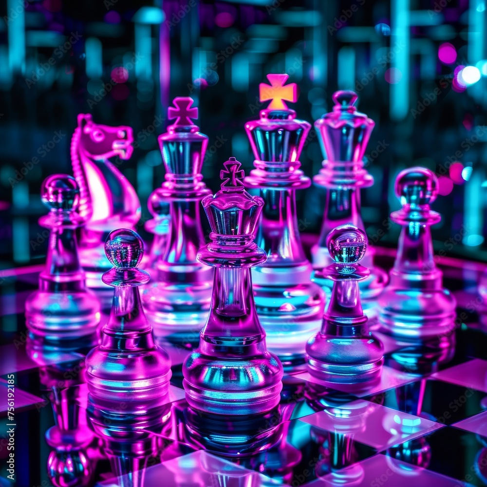 In a realm of neon chess warriors strategize every move a step closer to victory In a realm of neon chess warriors strategize every move a step closer to victory