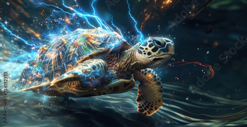A turtle is swimming in a body of water with a bright blue and orange lightning bolt on its shell