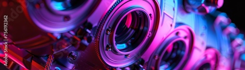 Macro view of the glowing intricacies of a lenss optical system under black light with a focus on the precision and beauty of its zoom mechanism photo