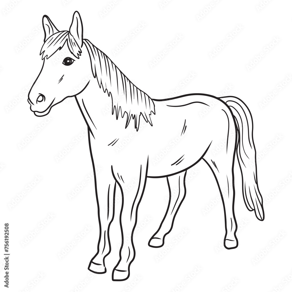 Beautiful realistic horse standing in black isolated on white background. Hand drawn vector sketch illustration in doodle engraved vintage line art style. Concept of farm, domestic animal.
