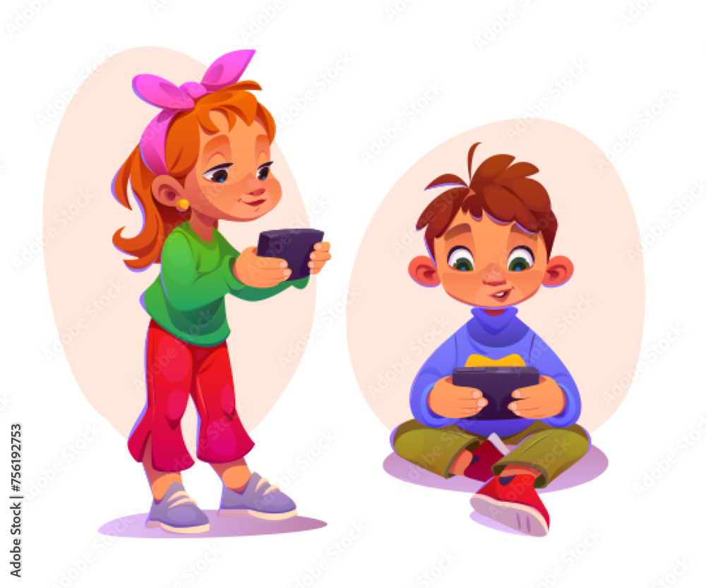 Kids playing with mobile phone. Cartoon vector illustration set of cute little boy sitting on floor and girl standing and using smartphone. Child game and device addict or gadget for online study. - obrazy, fototapety, plakaty 