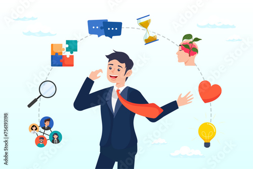 Problem solving and creativity, soft skills or personal attribute to be success, confident businessman with elements of soft skills, networking, empathy, time management, communication skill (Vector) photo