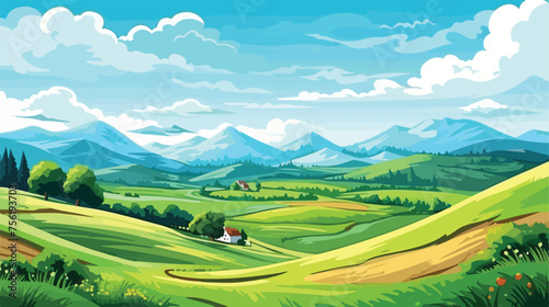 Cartoon landscape. Rural area. Countryside. Hills an