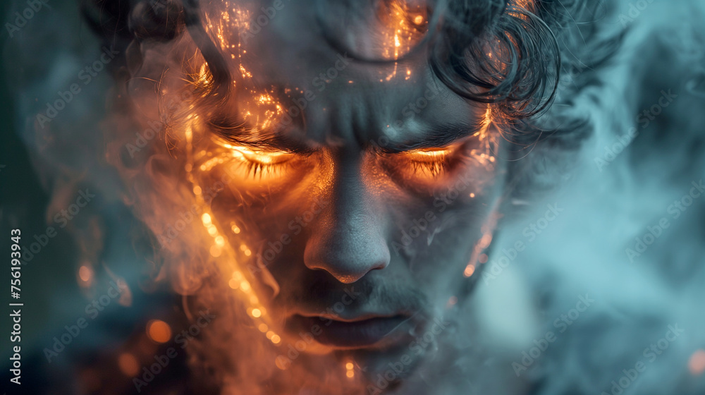 Closeup sad man with a worried stressed face expression and brain melting into fire. Obsessive-compulsive, ADHD, anxiety disorders