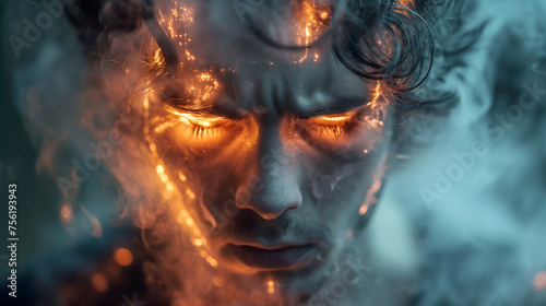 Closeup sad man with a worried stressed face expression and brain melting into fire. Obsessive-compulsive, ADHD, anxiety disorders