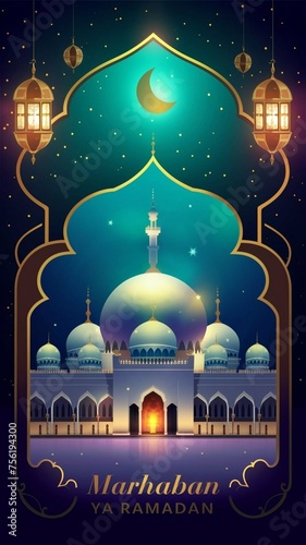 marhaban ya ramadan Background template with magical and surreal art image a mosque with a majestic