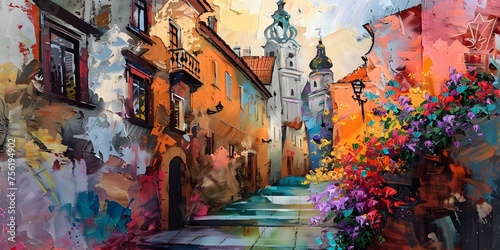 painting of a city with old buildings and flowers, in the style of tilt shift, expressive impasto texture, ceramic, dense compositions, romantic landscape, high detailed, photo