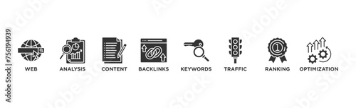 SEO banner web icon vector illustration concept for search engine optimization with icon of website, analysis, content, backlinks, keywords, traffic, ranking, and optimization
