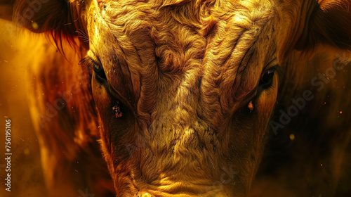 a fierce bull staring at the camera with intense powerful eyes