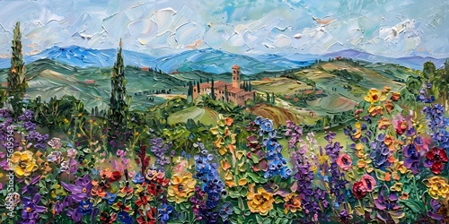 fantasy town, road, stone walls, flowers, in the style of street scenes with vibrant colors, light cyan and pink, classical academic painting, quadratura, cabincore, lively brushwork