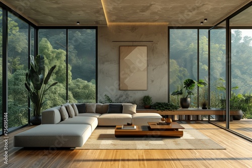 A minimalist living room with a modern armchair sofa, minimalist coffee table