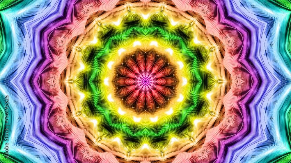 Rays radiating from centre and making multicolor moving mandala. Round patterns with stars, flowers, polygons pulsating. Kaleidoscopic background transforming, looping, vibrating. 4K UHD 4096x2304