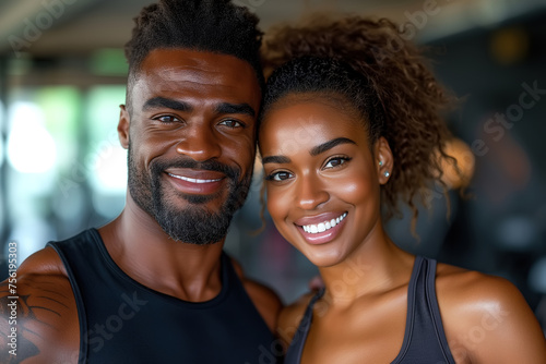 Man and woman posing for picture at gym