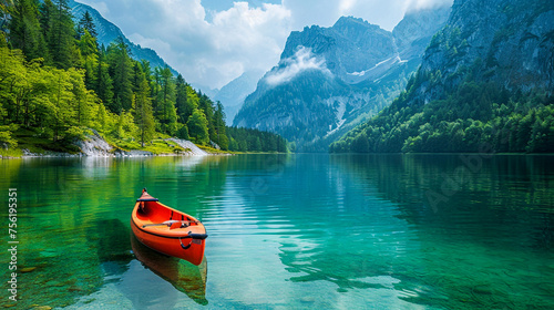 A lone kayak floats on a crystalclear mountain lake the calm waters mirroring the vibrant greens of the surrounding forest and the bright blue of the sky