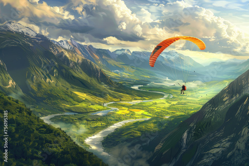 Parachutist, happy jump, beautiful landscape