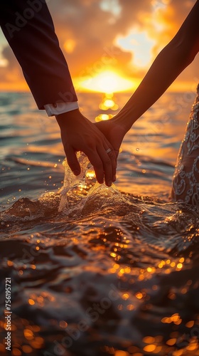 close up of a groom man and woman bride hands holding at the beautiful beach sunset
