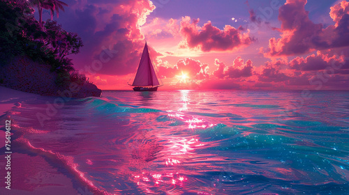 A sailboat glides through iridescent waters around an uninhabited island where the beaches glow with phosphorescent sands under a neonpink sky photo