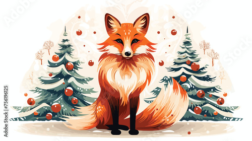 Colorful illustration christams fox. Vintage christm photo