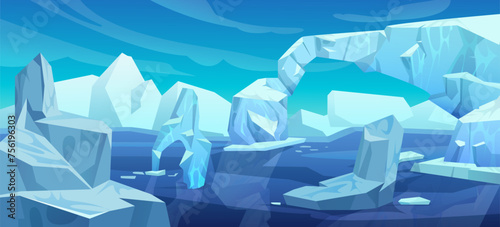 Arctic landscape with iceberg in ocean or sea. Cartoon vector illustration of blue polar scenery with glacier snow mountain and ice blocks floating in water. Cold northern horizon with floe.