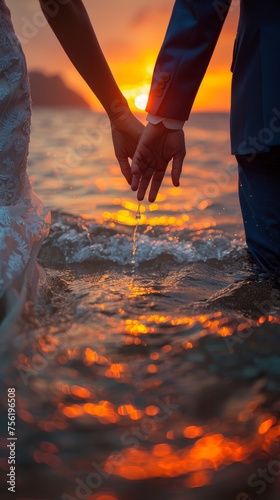 close up of a groom man and woman bride hands holding at the beautiful beach sunset © Wayu