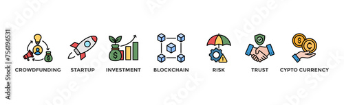 ICO banner web icon vector illustration concept of initial coin offering with icon of crowdfunding, startup, investment, blockchain, risk, trust and cypto currency	
