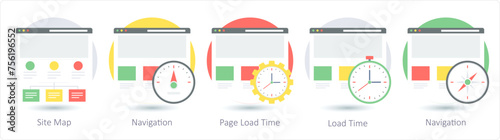 A set of 5 Web Layout icons as site map, navigation, page load time