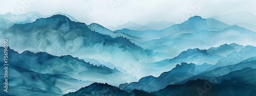 diffuse gradients,Chinese landscape,mountain,wet ink,green and blue,minimalist,chinese brush painting