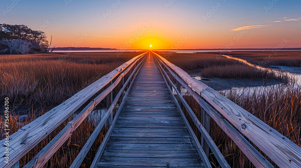 An empty boardwalk extends over a marshland the setting sun casting long shadows and the sounds of wildlife filling the air a hidden gem for nature walks