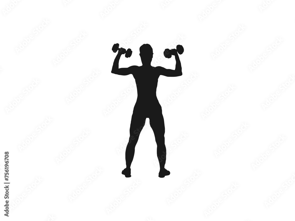 Man and woman body silhouettes. Active woman stands with her hand. Vector gym silhouette with dumbbells and barbell. Healthy woman taking off his shirt to flex his back muscles on isolated background.
