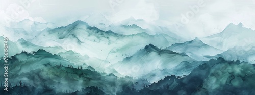 diffuse gradients,Chinese landscape,mountain,wet ink,green and blue,minimalist,chinese brush painting photo