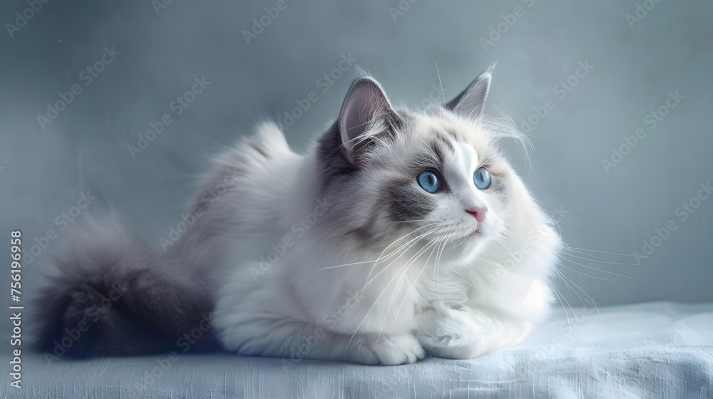 A beautiful cute female blue bicolor Ragdoll purebreed cat on a gray background