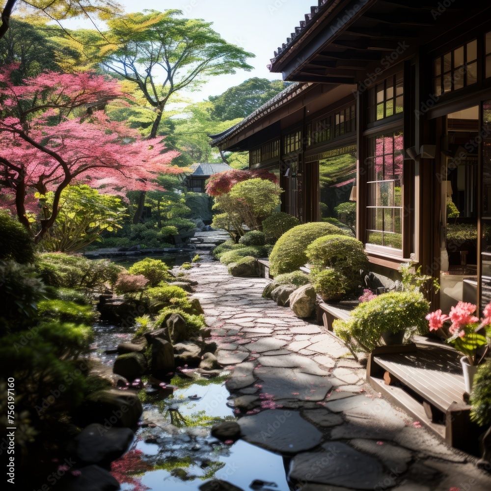 Japanese garden with a stone path, pond, and trees