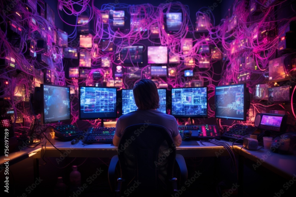 Man in dark room surrounded by computer screens and wires
