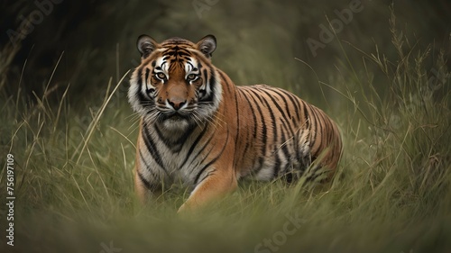 A tiger crouched low in the grass, blending seamlessly into its surroundings as it stalks its prey.